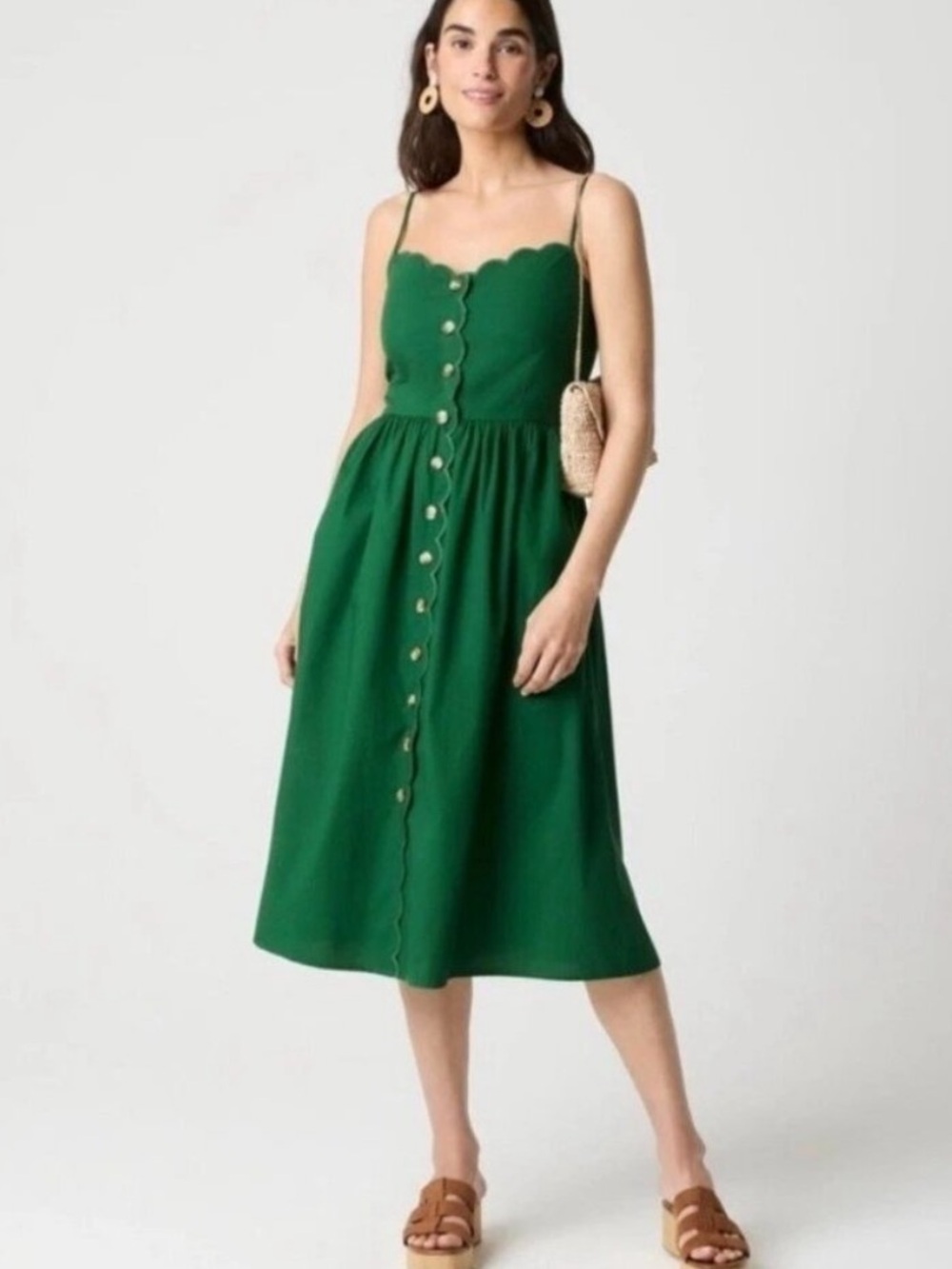 J. Crew Factory Emerald Scalloped Button-Front Midi Dress Fern
